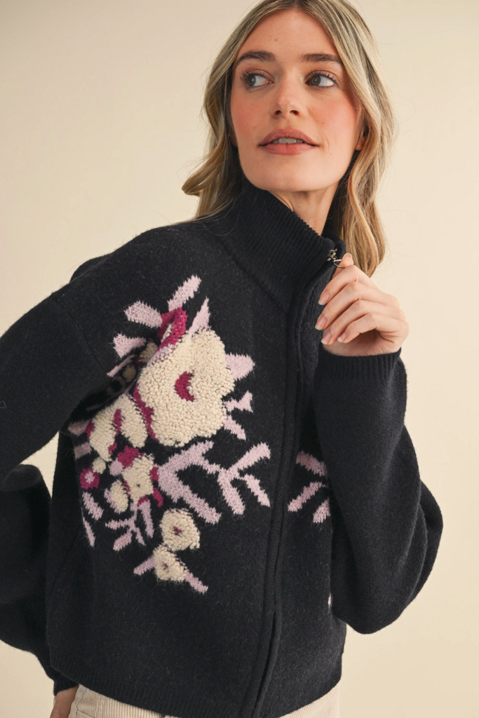 & Merci Floral Zip Up Sweater Cardigan