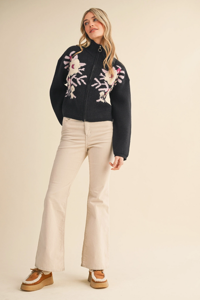 & Merci Floral Zip Up Sweater Cardigan