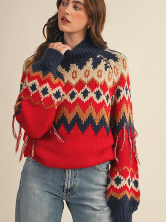 & Merci Mock Neck Fair Isle Fringe Sleeve Sweater