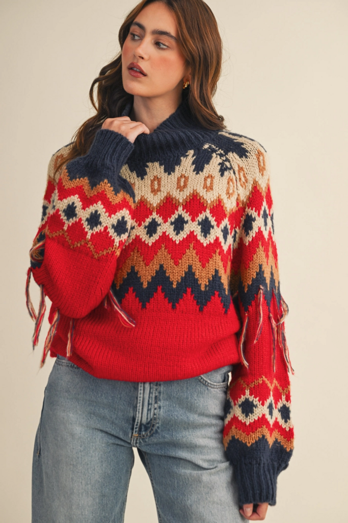 & Merci Mock Neck Fair Isle Fringe Sleeve Sweater