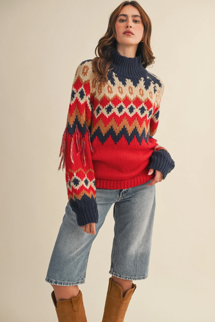 & Merci Mock Neck Fair Isle Fringe Sleeve Sweater