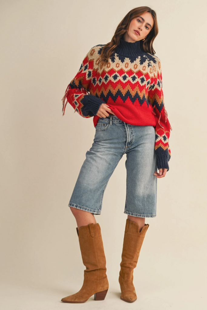 & Merci Mock Neck Fair Isle Fringe Sleeve Sweater