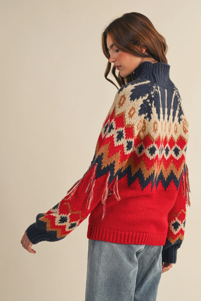 & Merci Mock Neck Fair Isle Fringe Sleeve Sweater
