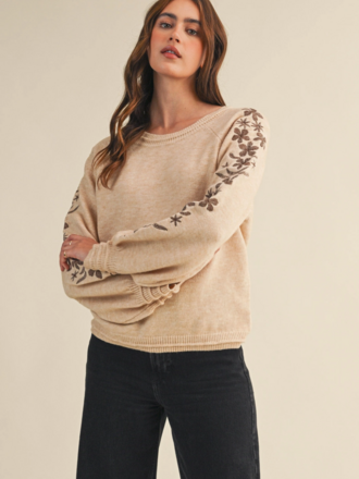 & Merci Pullover Sweater with Floral Embroidered Sleeves
