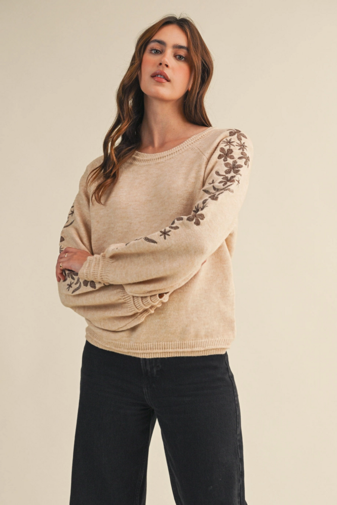 & Merci Pullover Sweater with Floral Embroidered Sleeves