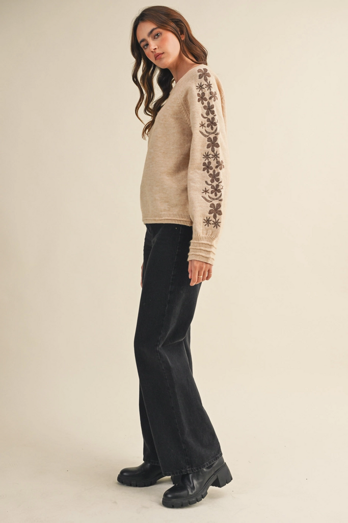 & Merci Pullover Sweater with Floral Embroidered Sleeves