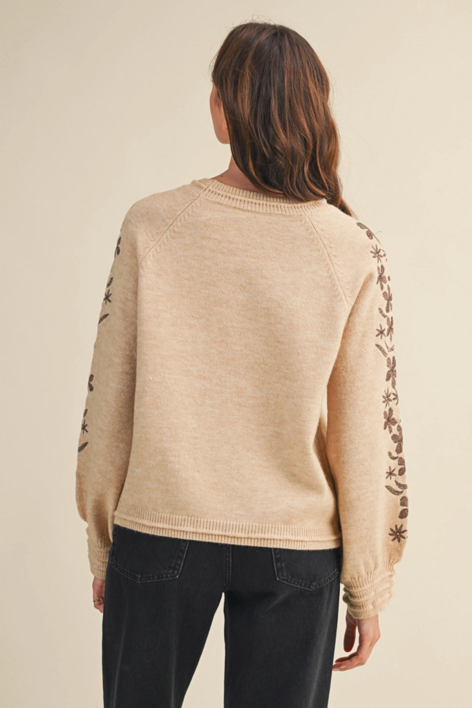 & Merci Pullover Sweater with Floral Embroidered Sleeves