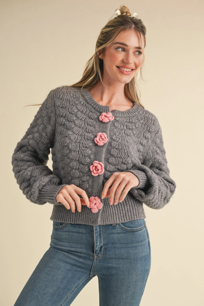 & Merci Sweater Cardigan with Knit Rosette