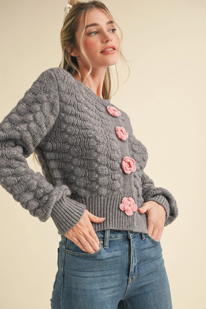 & Merci Sweater Cardigan with Knit Rosette