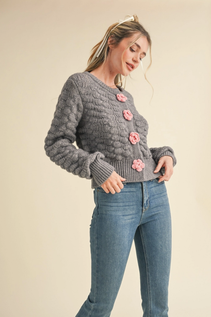 & Merci Sweater Cardigan with Knit Rosette