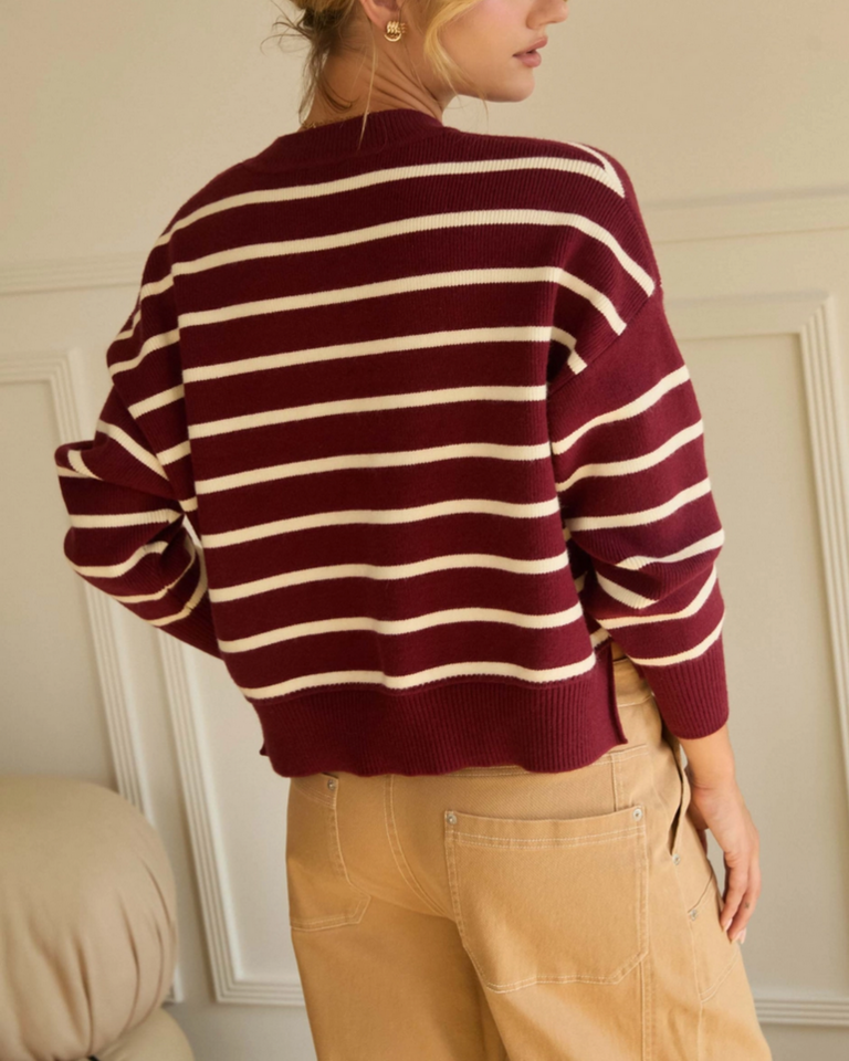 Skies Are Blue Burgundy Striped Cropped Sweater