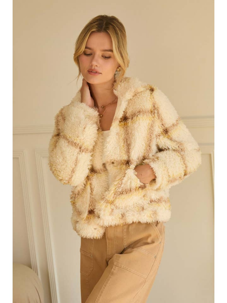 Skies Are Blue Faux Sherpa Plaid Jacket