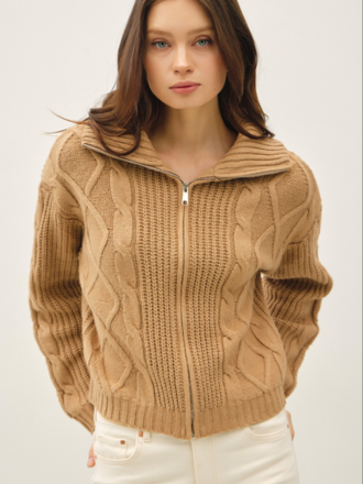 Be Cool Floppy Collared Cable Zip Up Sweater