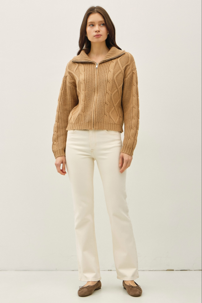 Be Cool Floppy Collared Cable Zip Up Sweater