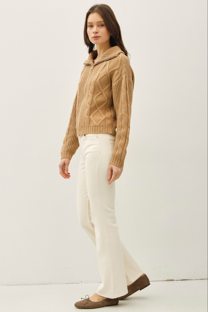 Be Cool Floppy Collared Cable Zip Up Sweater