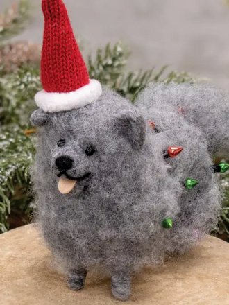 Bright Ideas Fluffy Gray Dog with Christmas Lights Felted Ornament