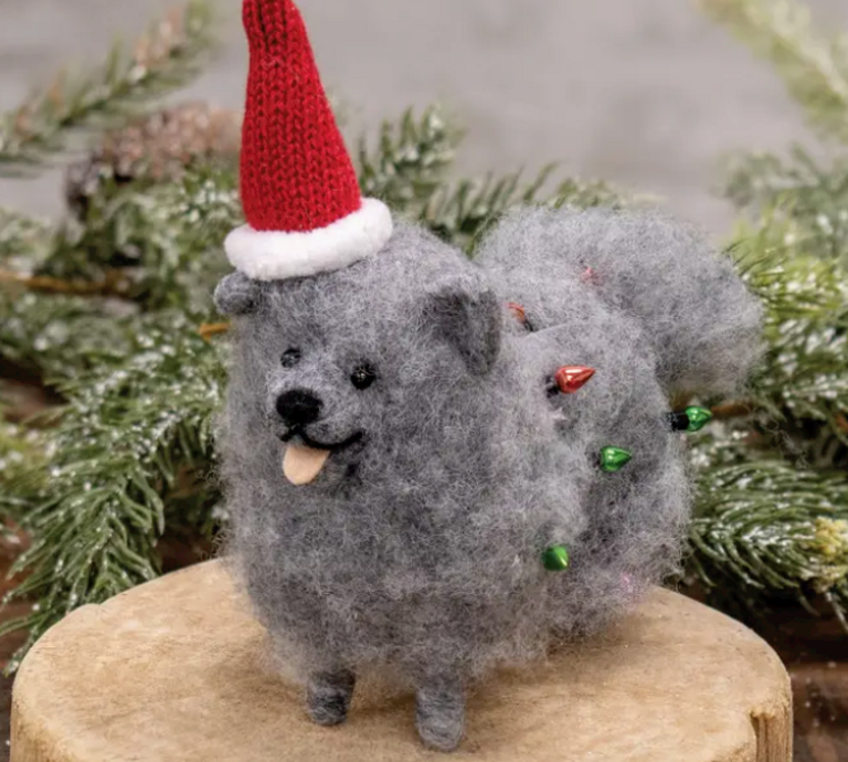 Bright Ideas Fluffy Gray Dog with Christmas Lights Felted Ornament