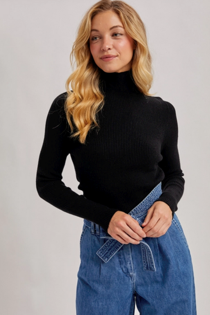 Bluivy Wholegarment Mock Neck Ribbed Knit Top