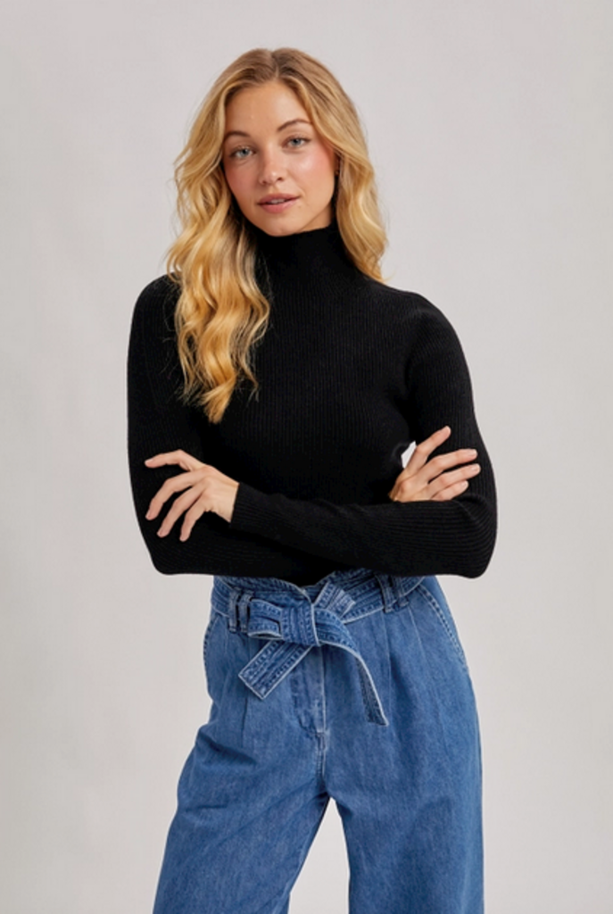 Bluivy Wholegarment Mock Neck Ribbed Knit Top