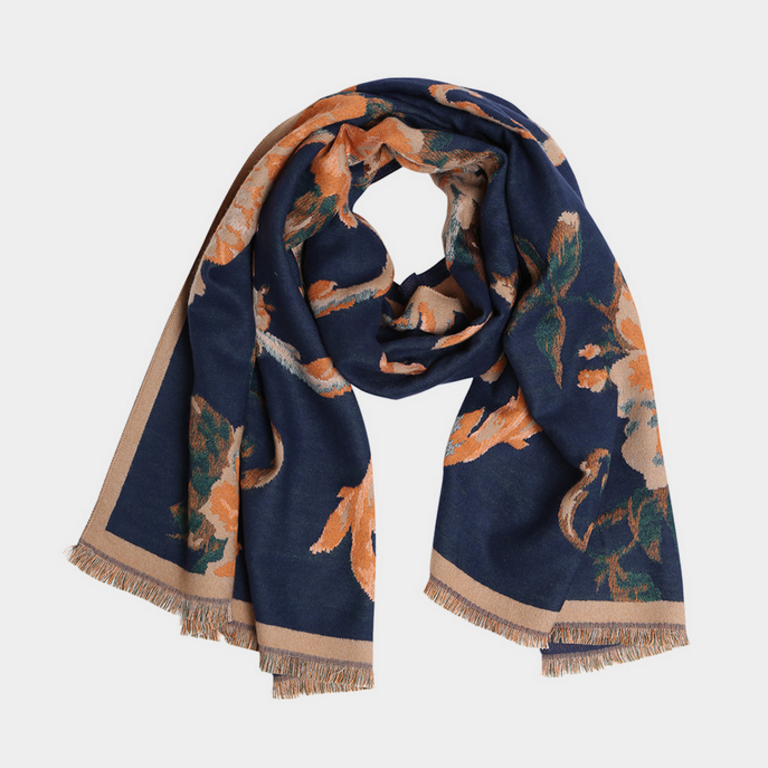 Blue Suede Floral Pattern Fringe  Scarf