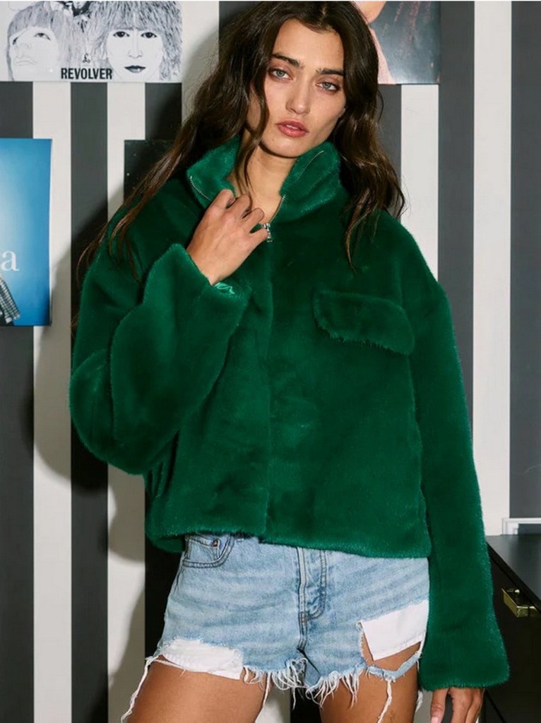 BucketList Zip-Up Faux Fur Crop Jacket - Green