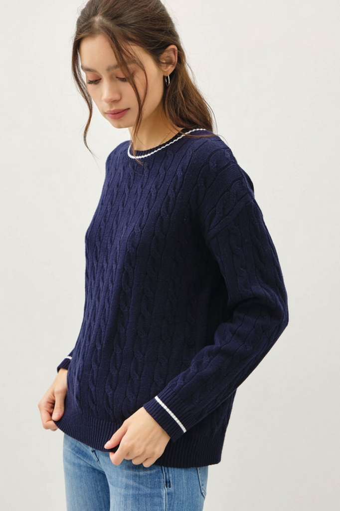 Be Cool Chunky Cable Knit Sweater with Accent Detail