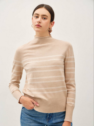 Be Cool Thin Double Striped Mock Neck Sweater