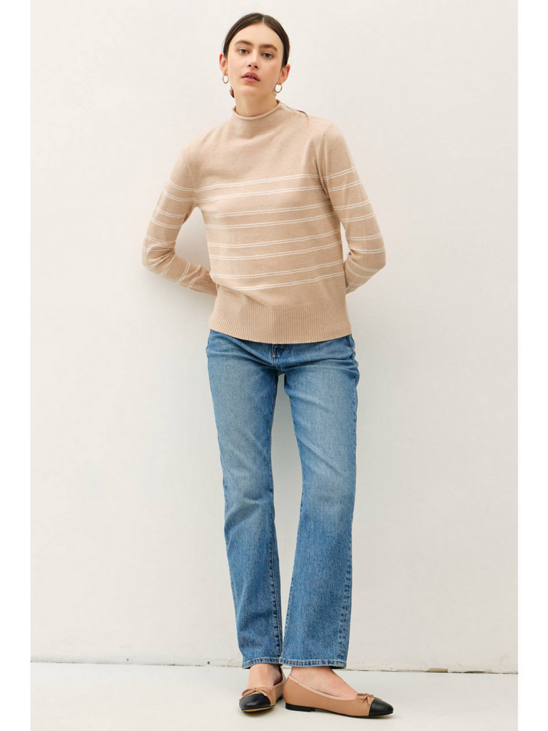 Be Cool Thin Double Striped Mock Neck Sweater
