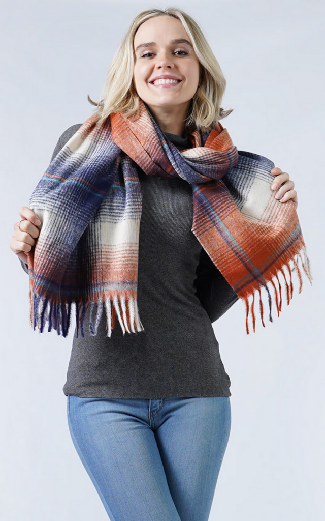 Blue Suede Plaid Soft Scarf w/Tassels