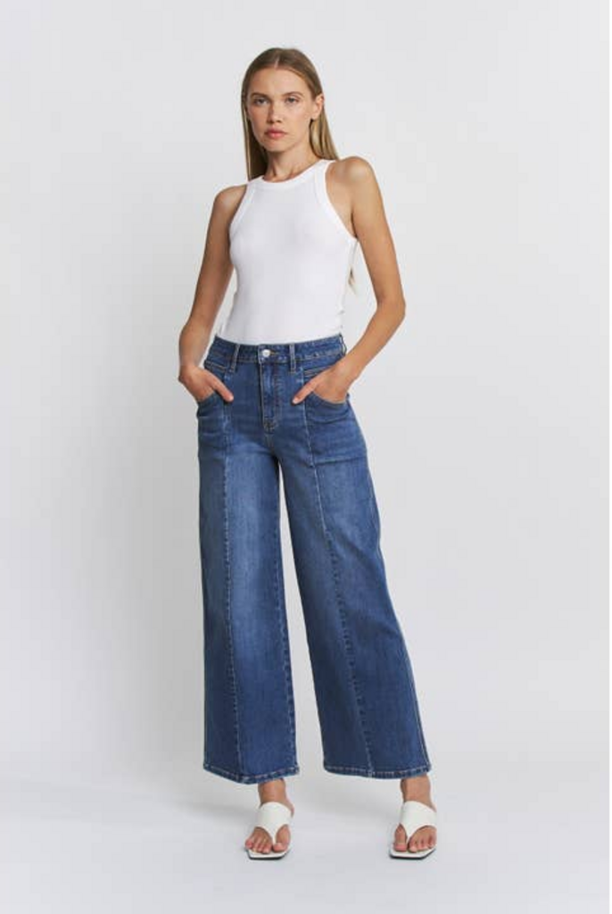 Mica Denim High Rise Seamed Wide Leg Cropped Jeans in Elephant
