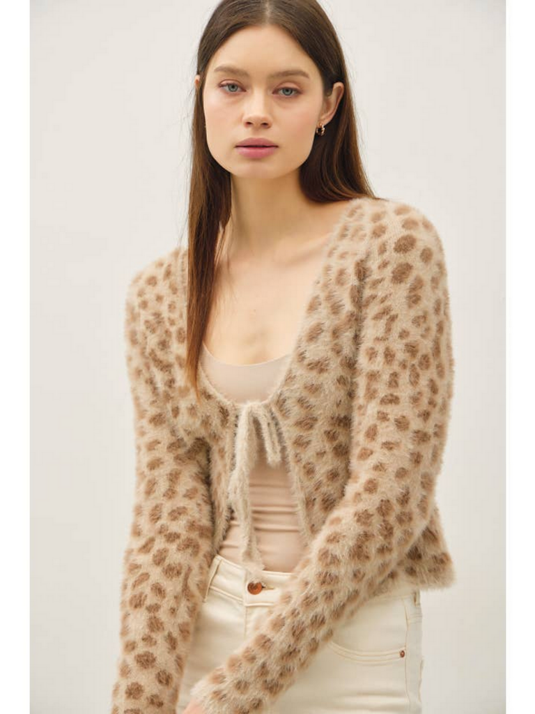 Be Cool Fuzzy Leopard Front Tie Cardigan