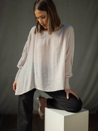 Fun2Fun Boat Neck Oversize Top with Smocked Cuff