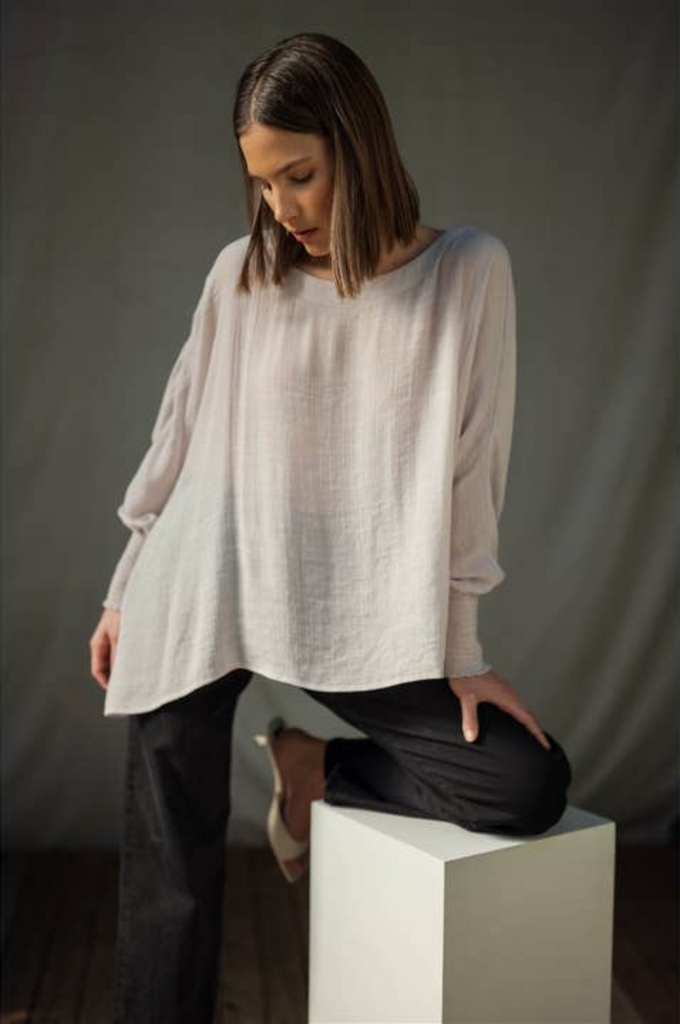 Fun2Fun Boat Neck Oversize Top with Smocked Cuff