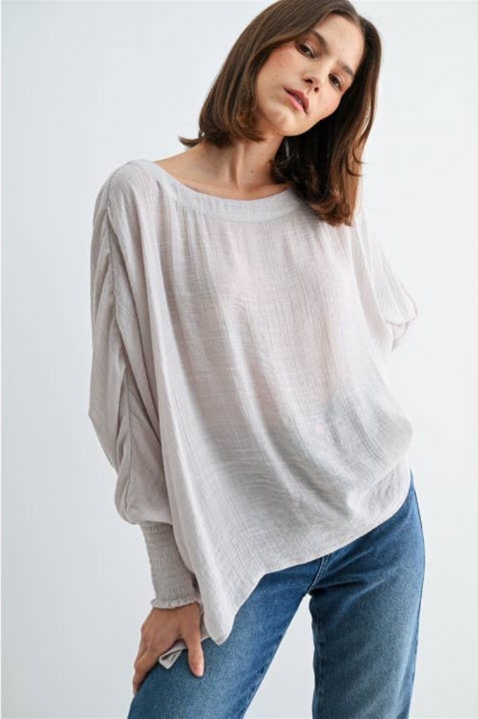 Fun2Fun Boat Neck Oversize Top with Smocked Cuff