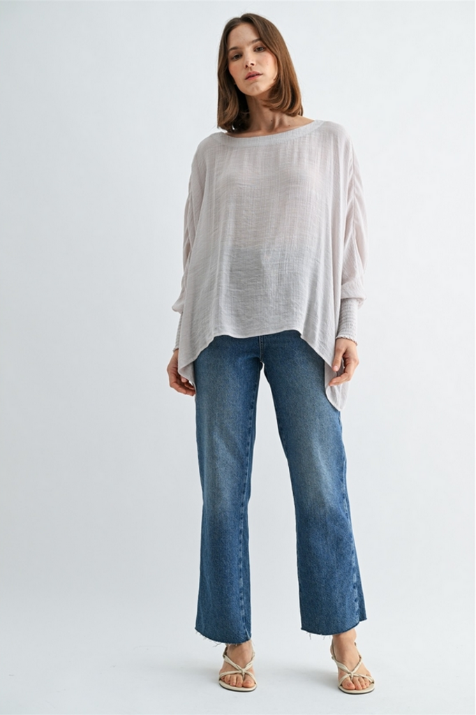 Fun2Fun Boat Neck Oversize Top with Smocked Cuff