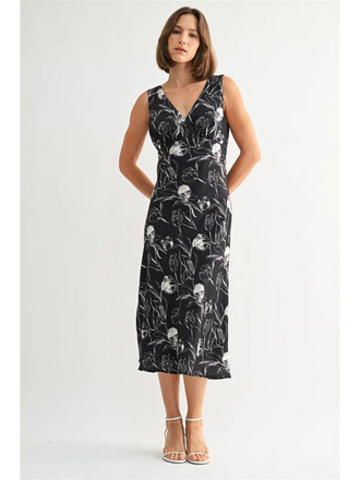 Fun2Fun Black Flower Satin V Neck Dress
