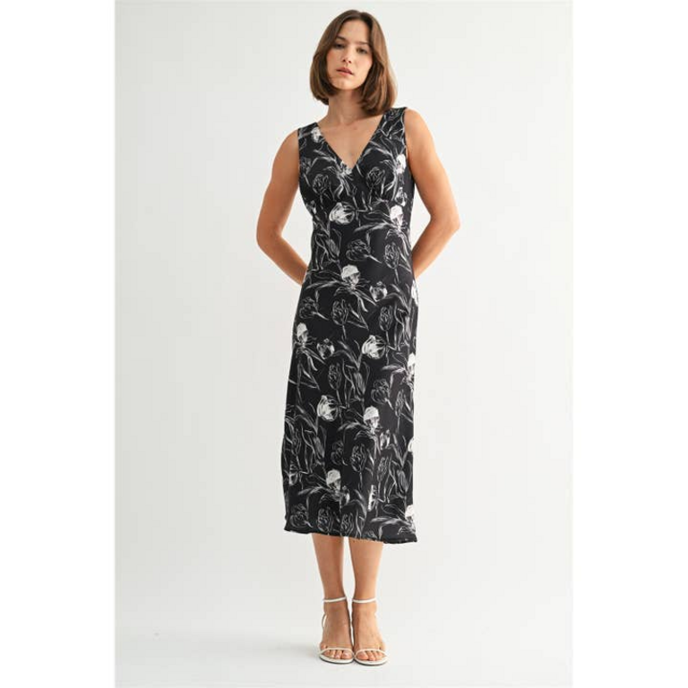Fun2Fun Black Flower Satin V Neck Dress