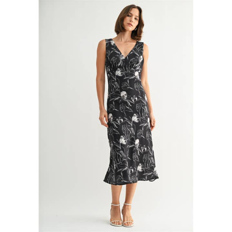 Fun2Fun Black Flower Satin V Neck Dress