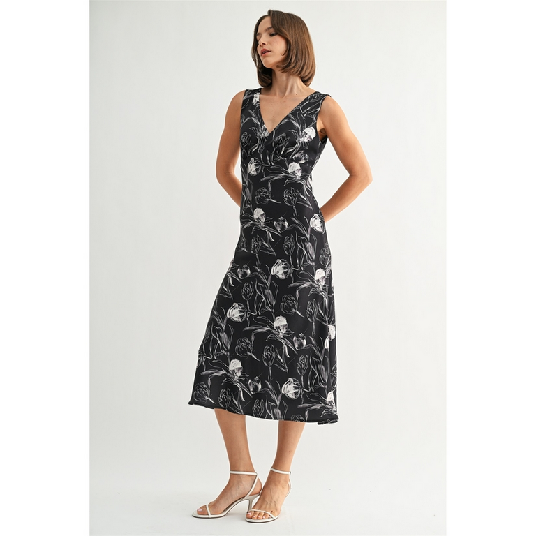 Fun2Fun Black Flower Satin V Neck Dress