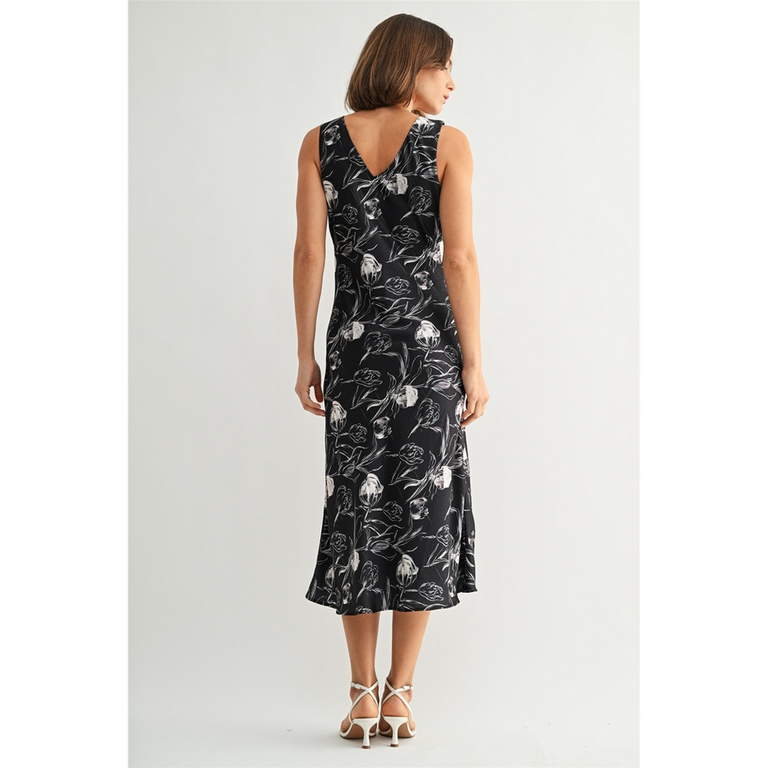 Fun2Fun Black Flower Satin V Neck Dress