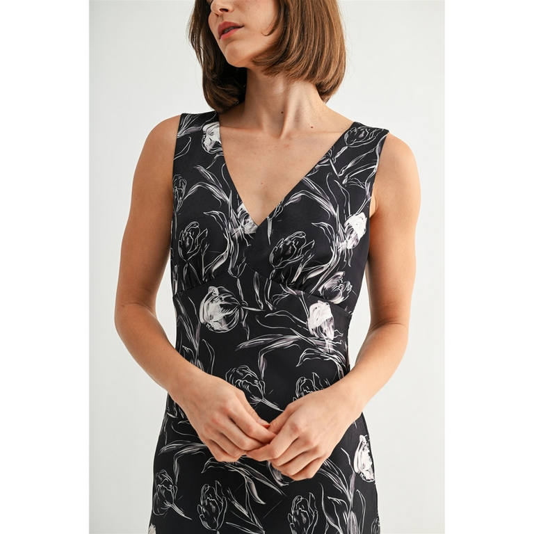 Fun2Fun Black Flower Satin V Neck Dress
