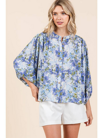 Mittoshop Flower Print Batwing Sleeve Button Down Blouse