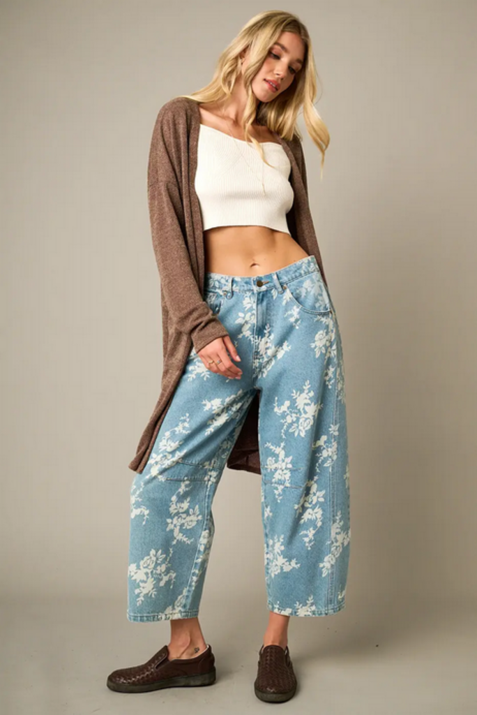 Mittoshop Floral Print Elastic Waist Barrel Jeans