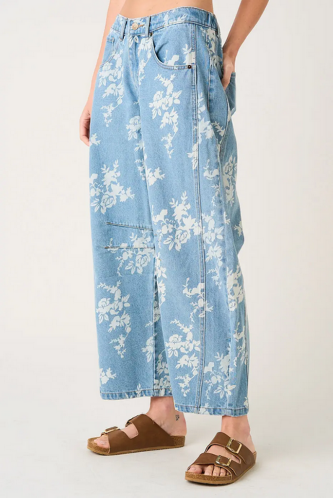Mittoshop Floral Print Elastic Waist Barrel Jeans