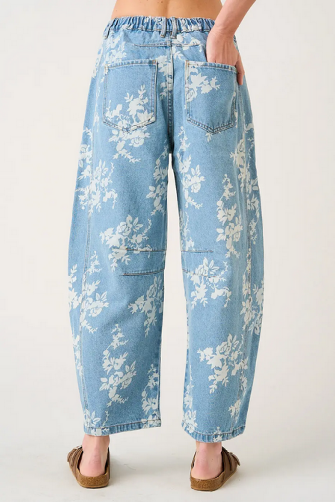Mittoshop Floral Print Elastic Waist Barrel Jeans