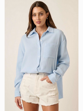 Mittoshop Gauze Collared Button Down Long Sleeve Shirt