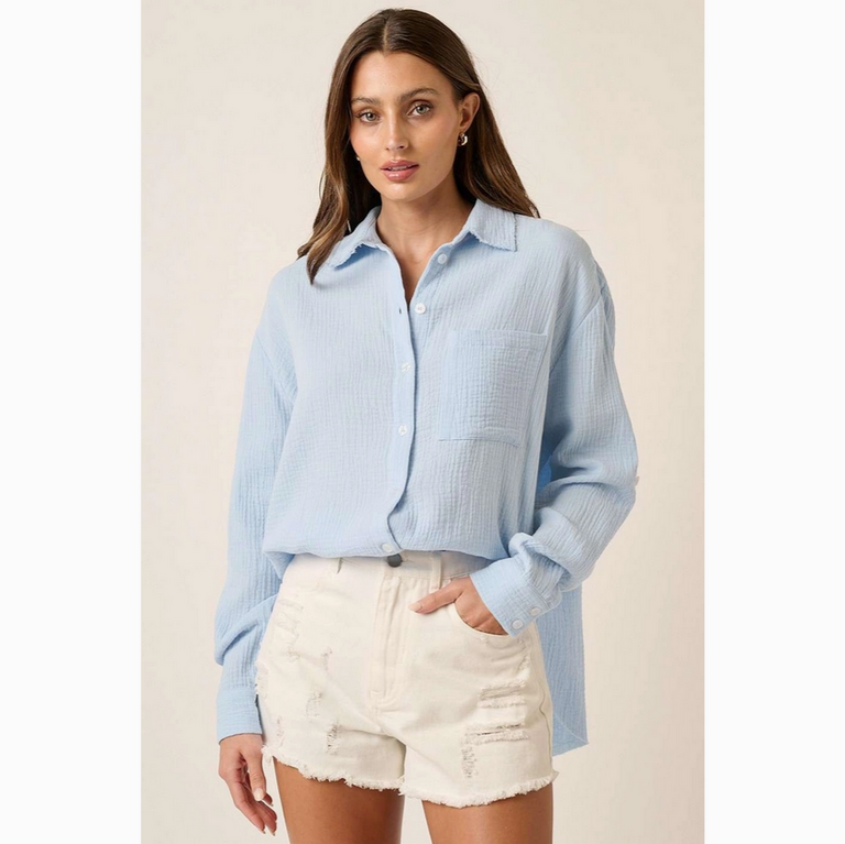 Mittoshop Gauze Collared Button Down Long Sleeve Shirt