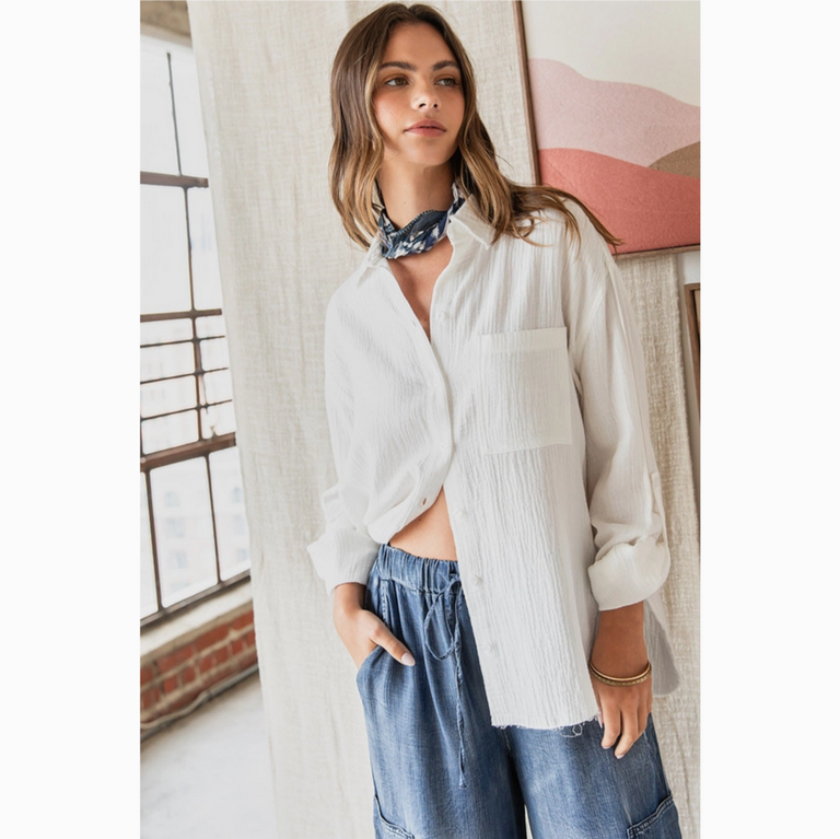 Mittoshop Gauze Collared Button Down Long Sleeve Shirt