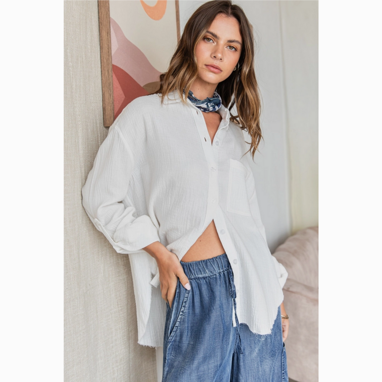 Mittoshop Gauze Collared Button Down Long Sleeve Shirt