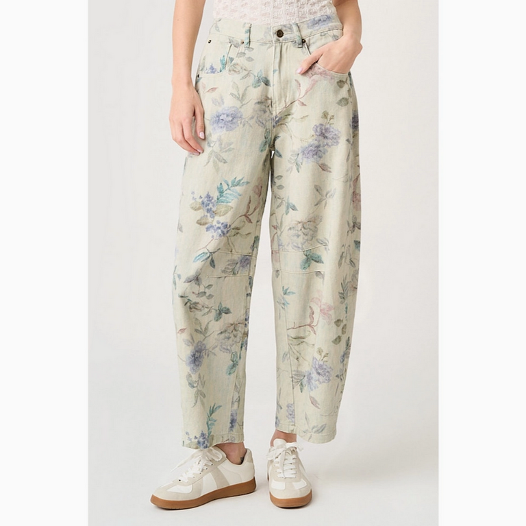 Mittoshop Washed Floral Print Elastic Waist Barrel Jeans